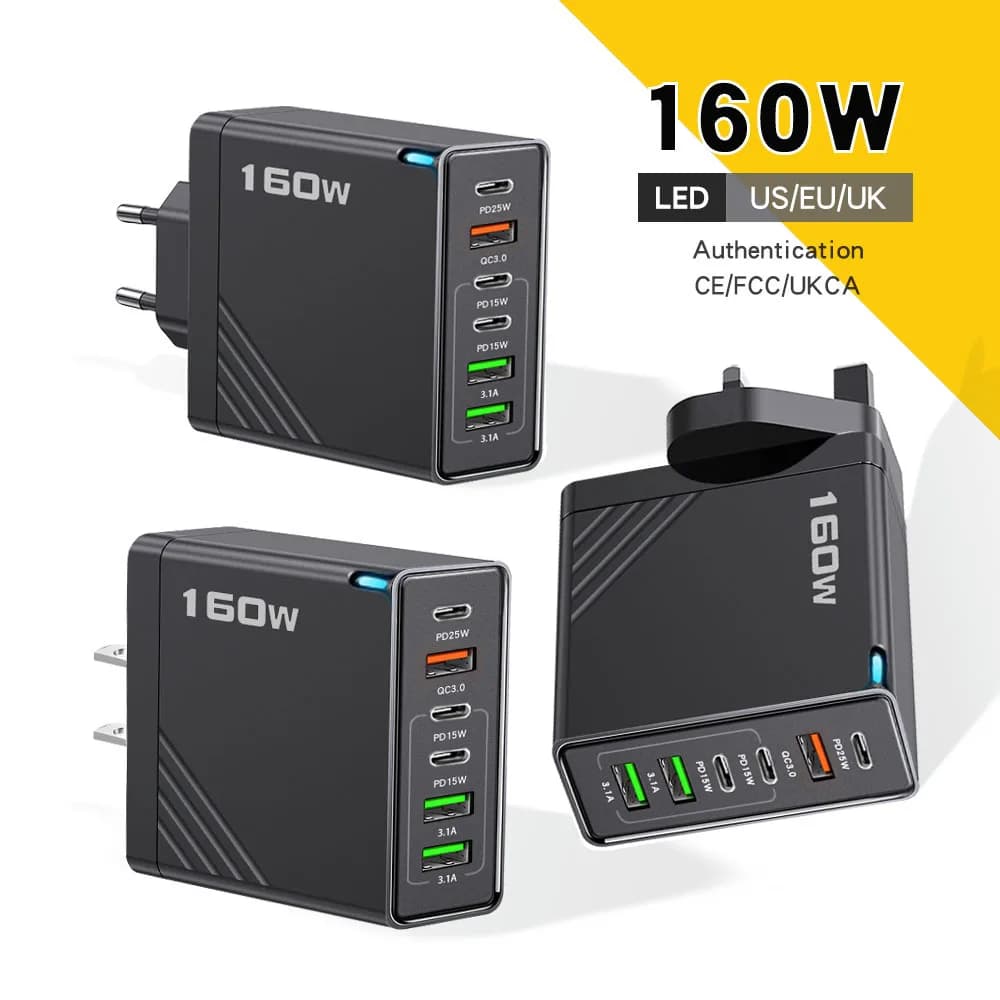 USB Type-C 160W Multiport Charger, iPhone Adapter, Samsung, Xiaomi, EU/US/UK Plug, USB Wall Charger