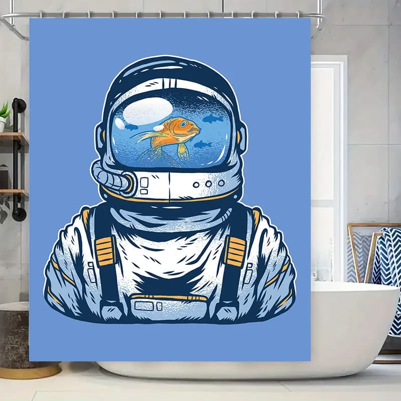 Tenda da doccia per astronauta Space Explorer con design di pesci rossi per l'arredamento del bagno, tenda in tessuto impermeabile adatta per hote