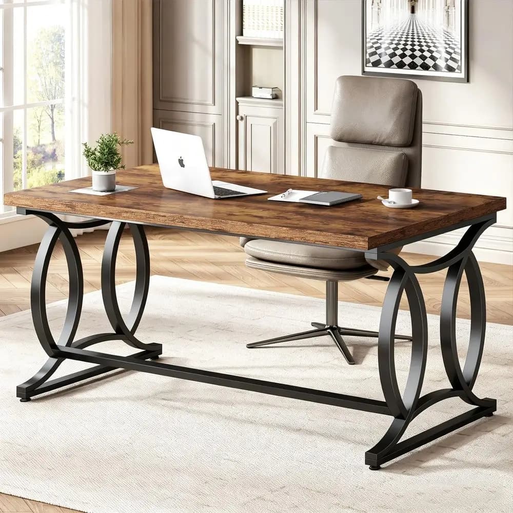 55 Industrial Style Metal & Wood Computer Desk, Simple Study Desk for Home Office, Bedroom, or Gaming