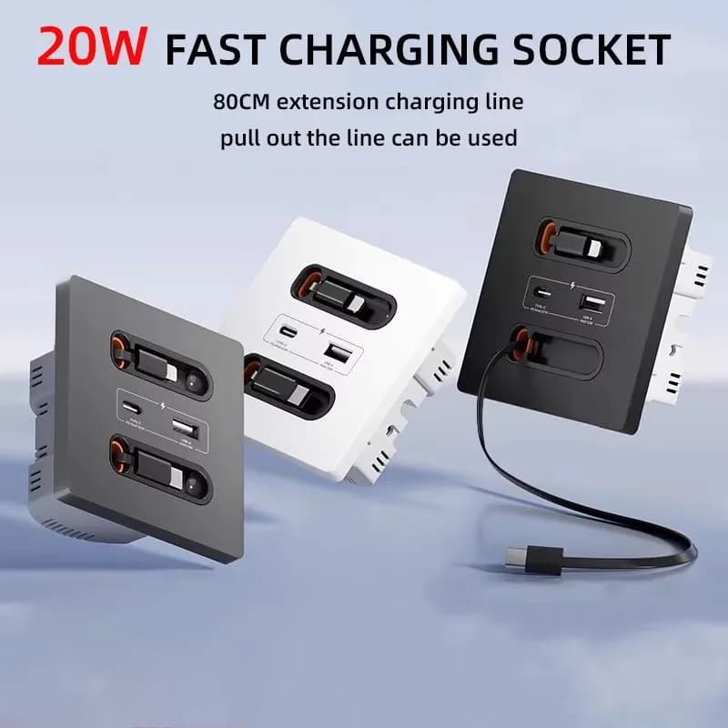 Presa intelligente universale con linea di ricarica Pannello a muro di alimentazione per PC con porta USB C a ricarica rapida da 20 W, presa di tipo C per ricarica del telefono cellulare
