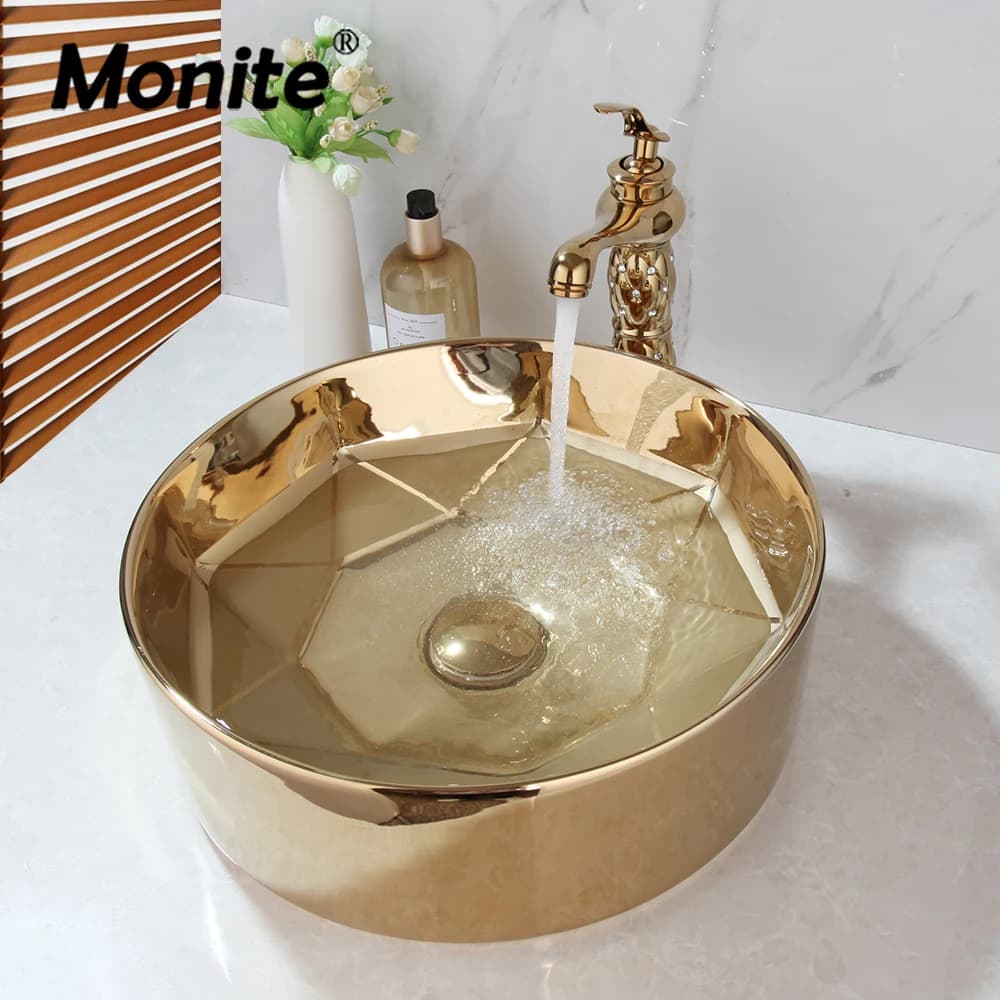 Monite Set da bagno rotondo in ceramica placcata in oro con Set di rubinetti per lavabo lavabo con miscelatore a diamante con scarico Pop