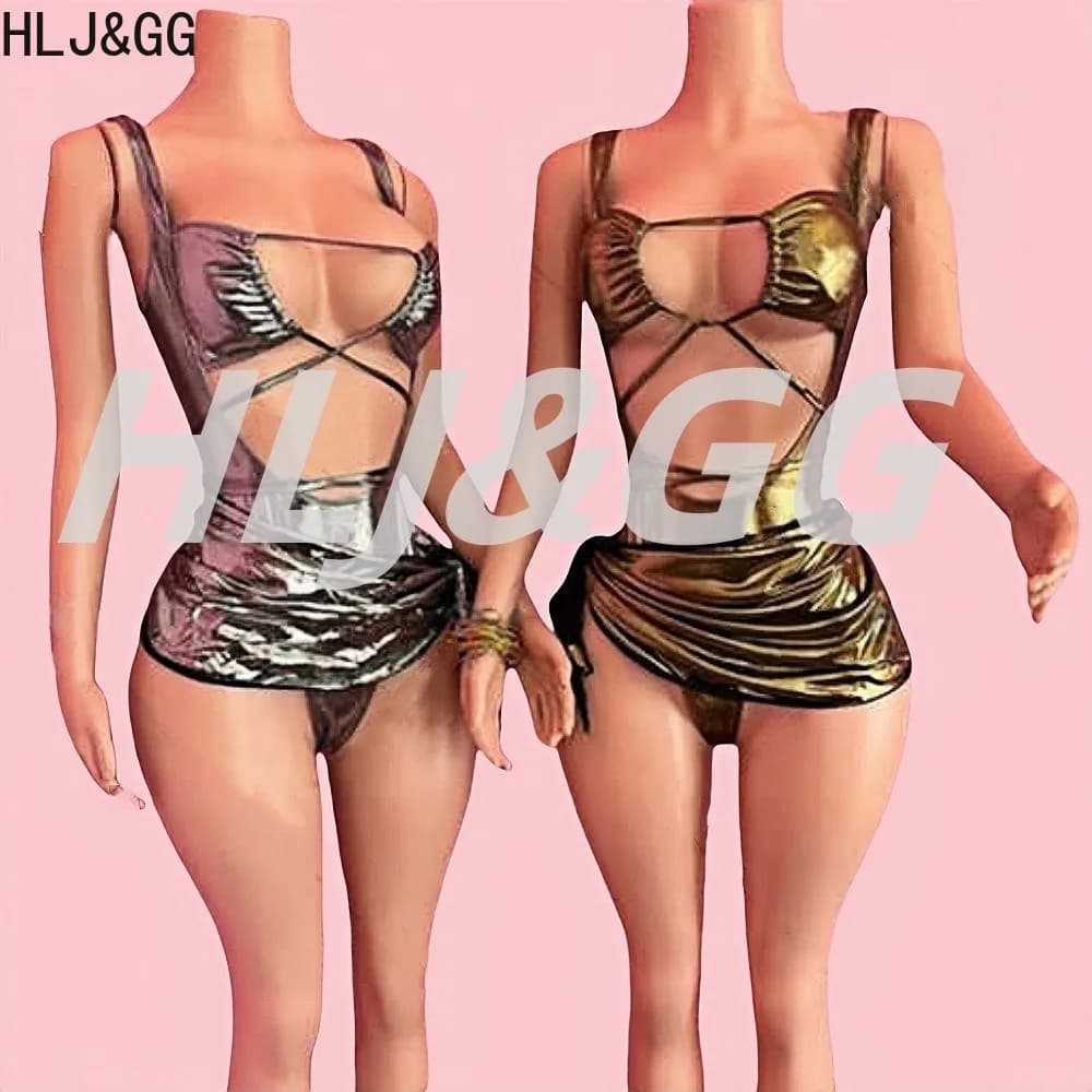 HLJ&GG Minigonne increspate con fasciatura cava sexy Set da due pezzi Tute senza maniche con scollo all'americana da donna + Gonne Abiti Moda Clubwear