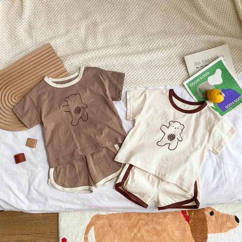 Nuova estate stile coreano bambino cartone animato sventolando orso manica corta e pantaloncini Homewear Set 100% cotone vestito casual per le ragazze dei ragazzi ‌