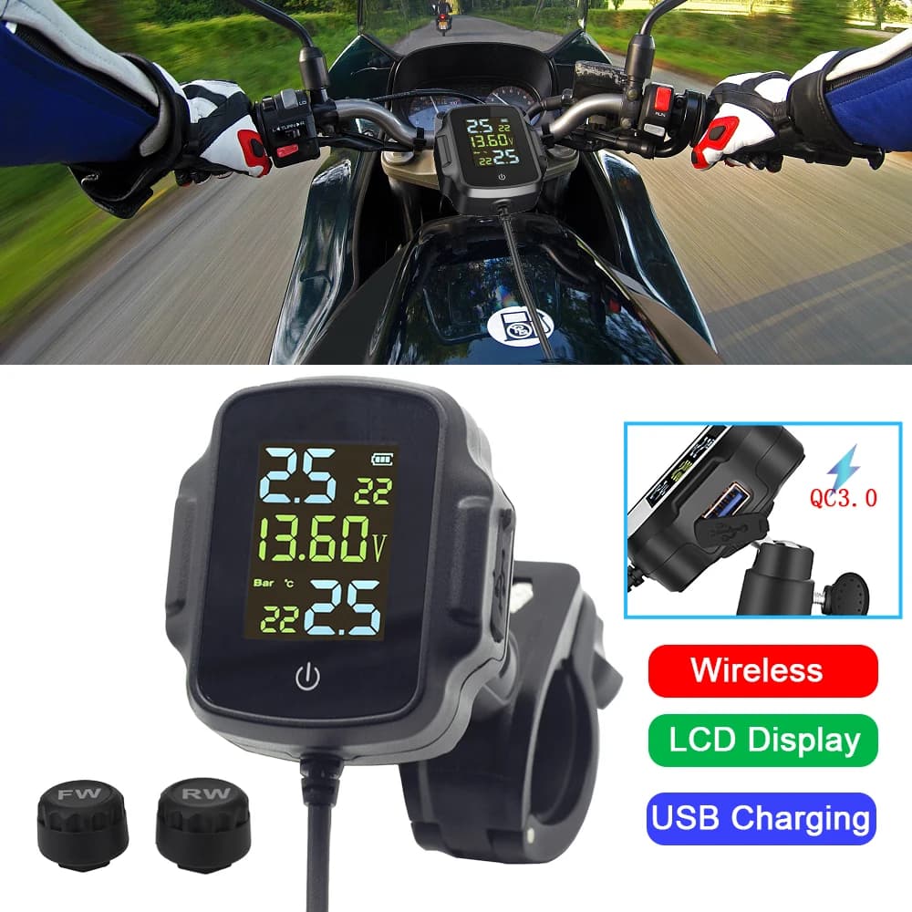Display LCD per caricabatterie USB TPMS per moto con sistema di allarme temperatura pneumatici QC 3.0 con 2 sensori esterni per tablet telefono
