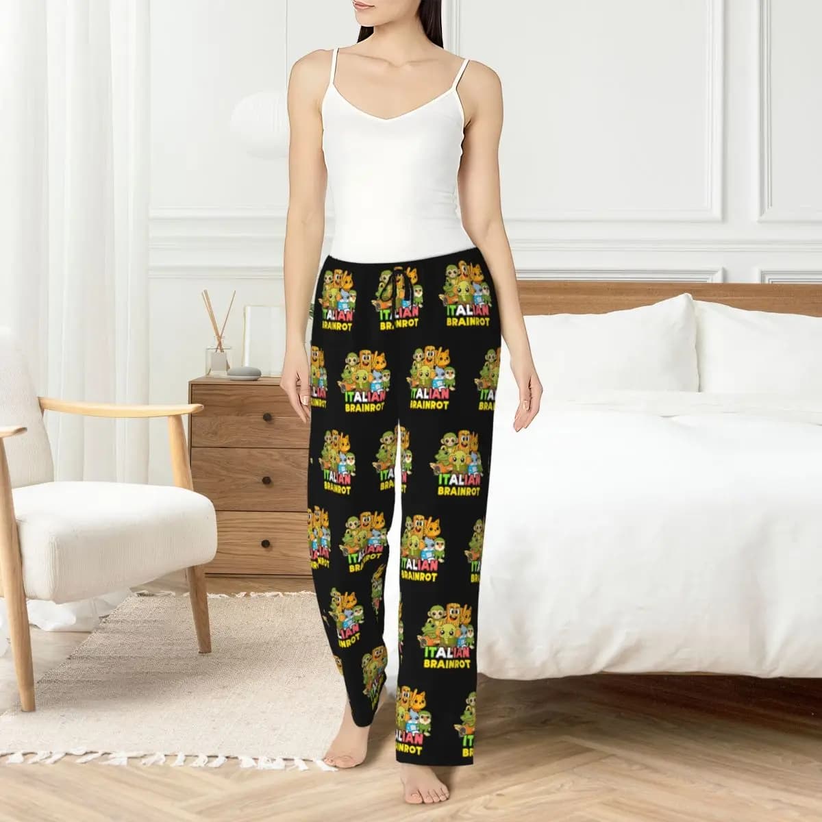 Custom Italian Brainrot Pajama Pants Sleepwear Women Elastic Waistband Animals Cartoon Sleep Lounge Bottoms with Pockets