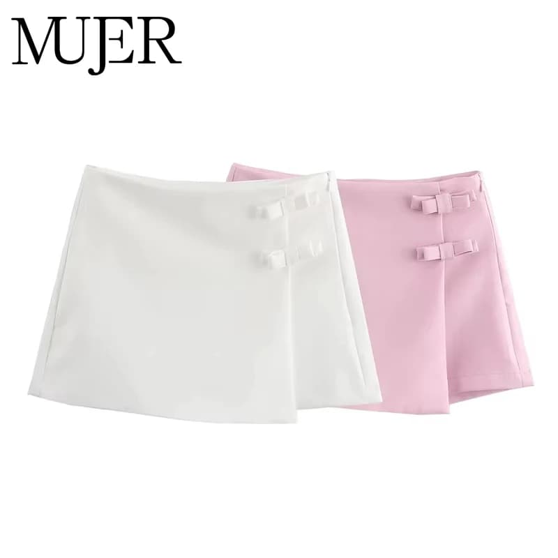 MUJER 2025 Rosa Bianco Mini Gonna Donna Moda Arco Gonna Per Le Donne Estate Fessura Gonna Corta Donna Divisa Gonna a Vita Alta Pantaloncini