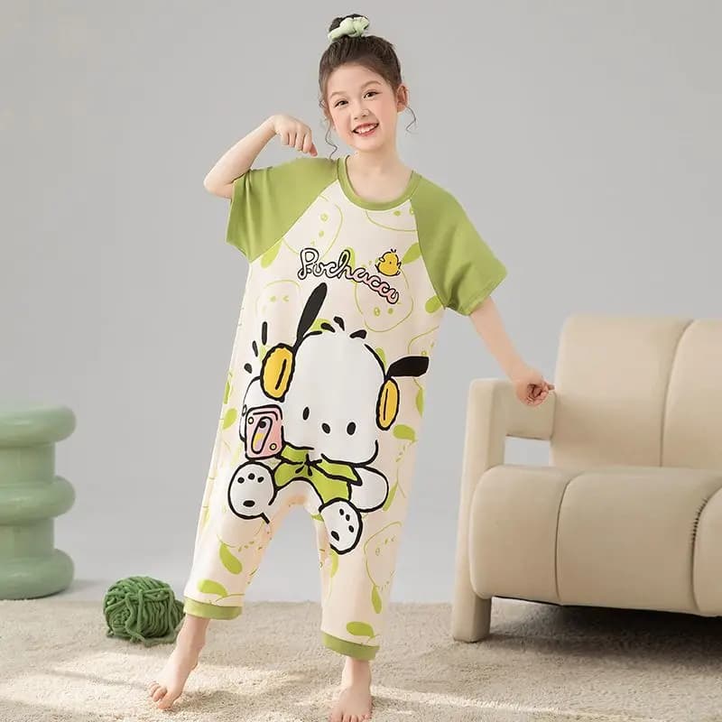 Pigiama intero estivo per bambini Sanrio Kuromi e Pochacco, a maniche corte, per bambina, dolce abbigliamento da casa, sacco nanna anti-urto