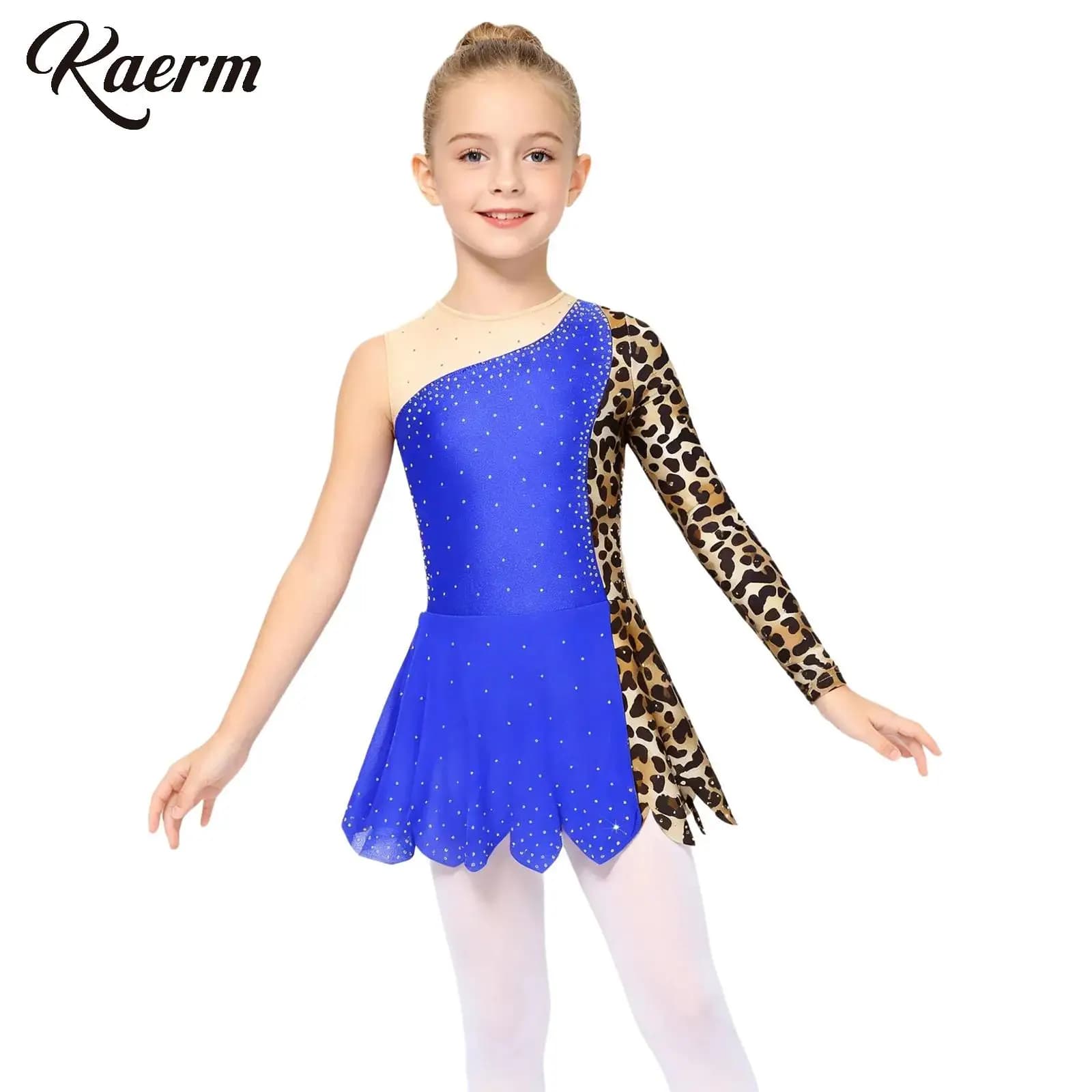 Girls Figure Ice Skating Dress Rhythmic Gymnastics Leotards Rhinestones Ballet Jersey Leopard Print Asymmetric Skirted Jumpsuit