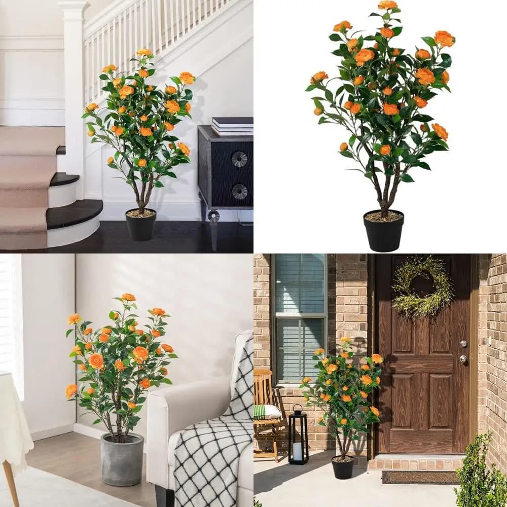 Albero di Camelia Artificiale con Piante Inferiori, Fiorito in Vaso di Cemento - Pianta Decorativa a Bassa Manutenzione per Interni o Esterni