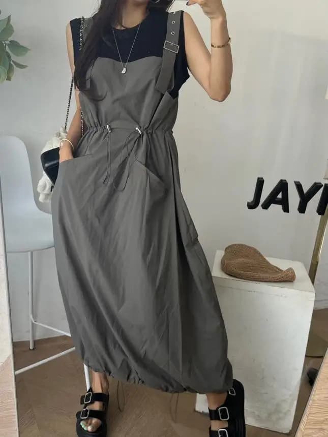 Abito con Cinturino Regolabile da Donna, Stile Vintage, Ampio con Coulisse in Vita, Tasche, Gonna Lunga, per Primavera Estate Autunno