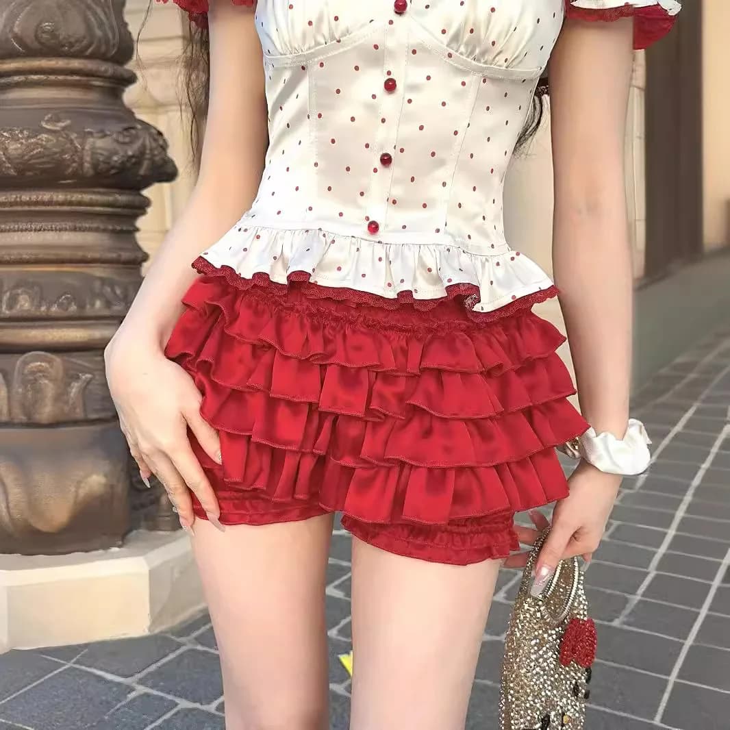 Sweet and hot-selling cream doll real acetate satin lace bubble shorts retro style