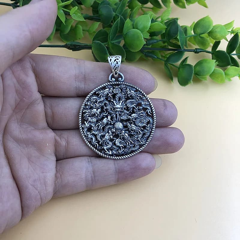Buyee Men's Big Pendant Necklace in 925 sterling silver elegant with Chinese dragon for man, gift with fashion round jewelry chain