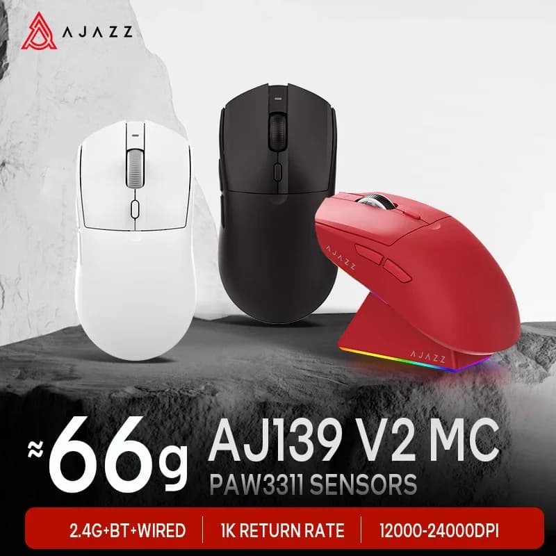AJAZZ AJ139 V2 MC Mouse da Gaming Tre Modalità Cablato/Bluetooth/Wireless 2.4G con Sensore PAW3311, Batteria da 500mAh, Adatto per Giocatori PC