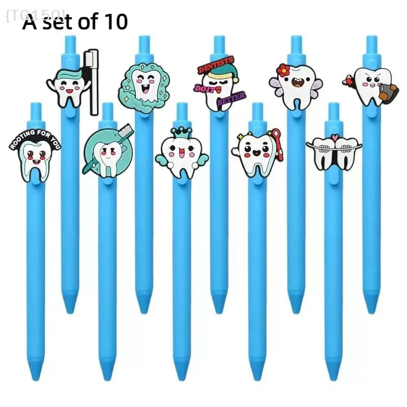 【TG150】10Pcs Blue Retractable Dentist Teeth Theme Gel Pens - Smile Series Soft Ballpoint Student Stationery【WT】