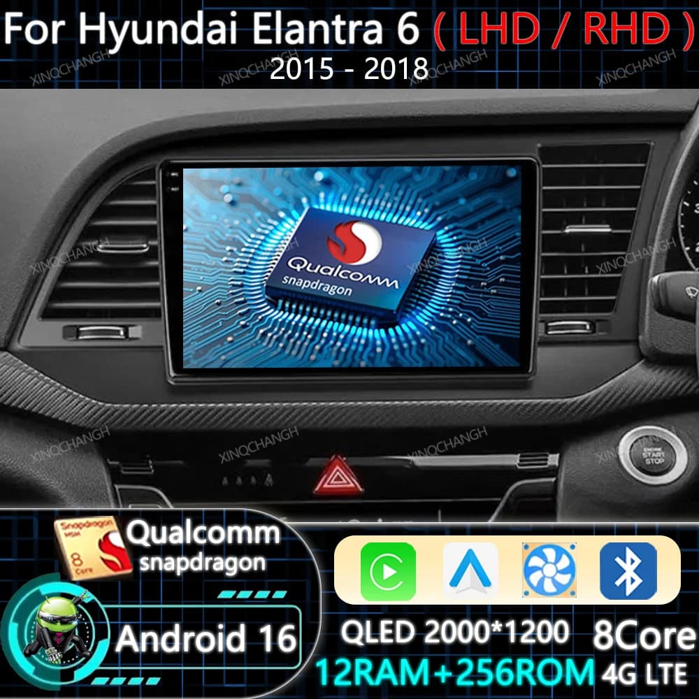 Android 15 Car Radio Carplay Auto For Hyundai Elantra 6 2015 2017 2018 GPS Multimedia Video Player 2DIN BT 4G WIFI Qualcomm QLED