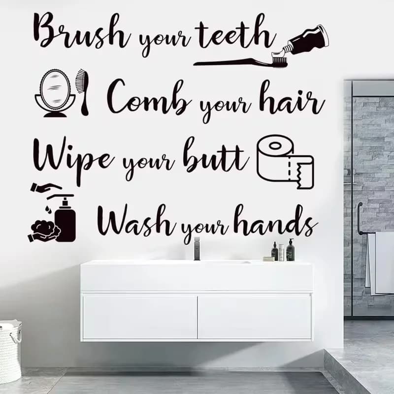 Funny Bathroom Wall Stickers - Toothbrush, Hairbrush, Soap Dispenser & Hands Washing Quotes - Self-Adhesive Bathroom Decor with