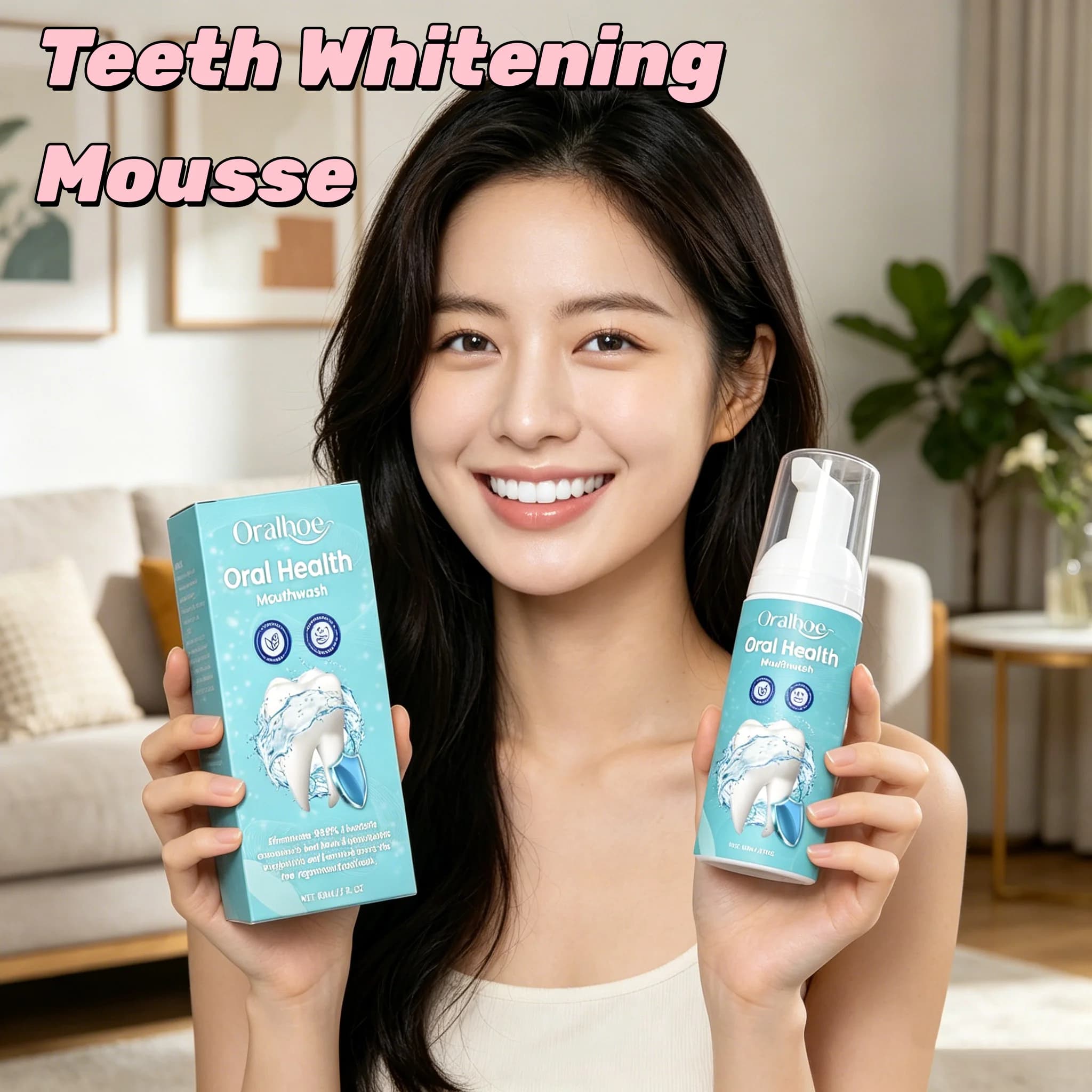 Whitening mousse for teeth, delicate foam for deep cleaning, removes coffee stains, smoke and tea, brightens yellow teeth, produced for fresh breath.