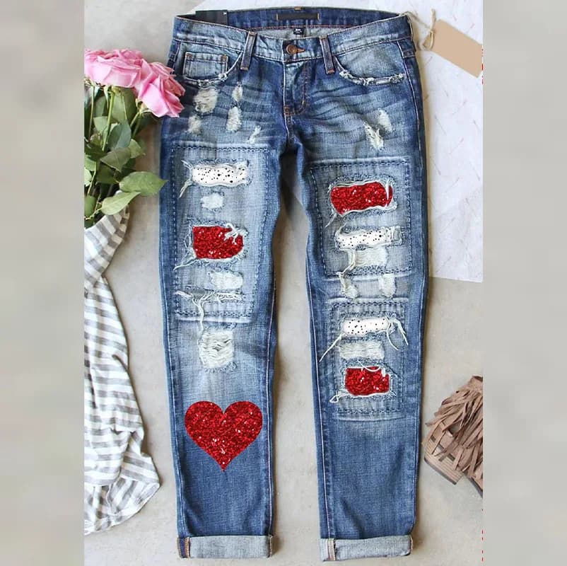 Denim Pants Women Jeans Vintage Washed Mid Waist Straight Trousers Y2k Streetwear Work Casual Distressed Patch Hole Sequins 2026