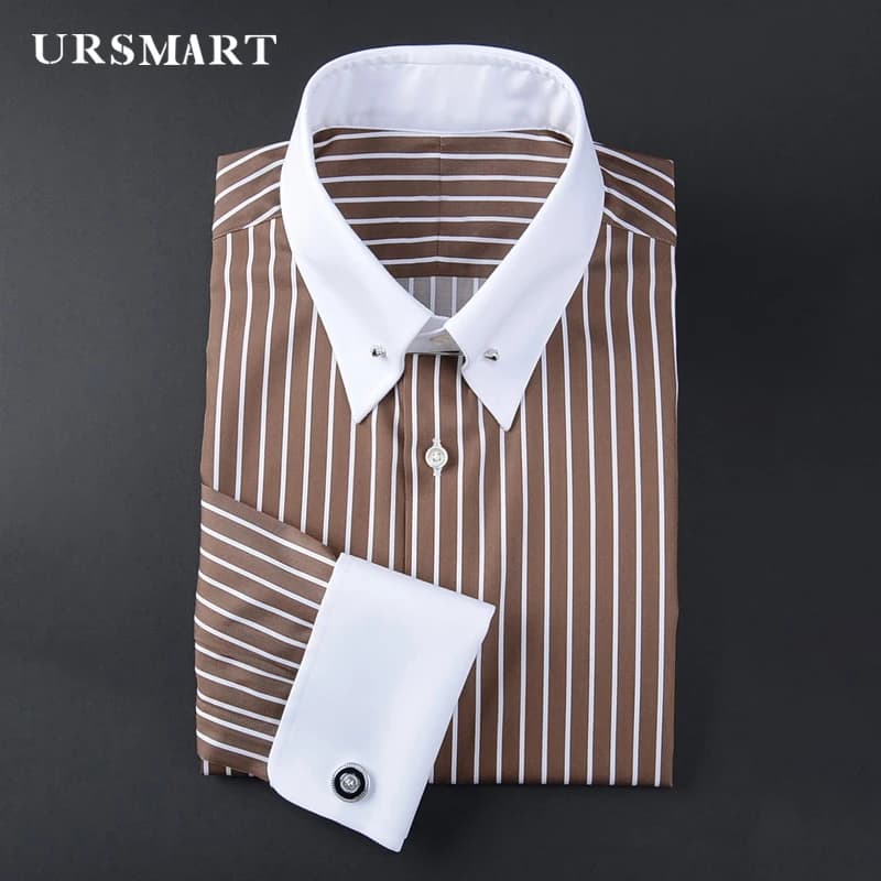 men's empire collar long sleeve French shirt slim-fit business trend striped shirt men