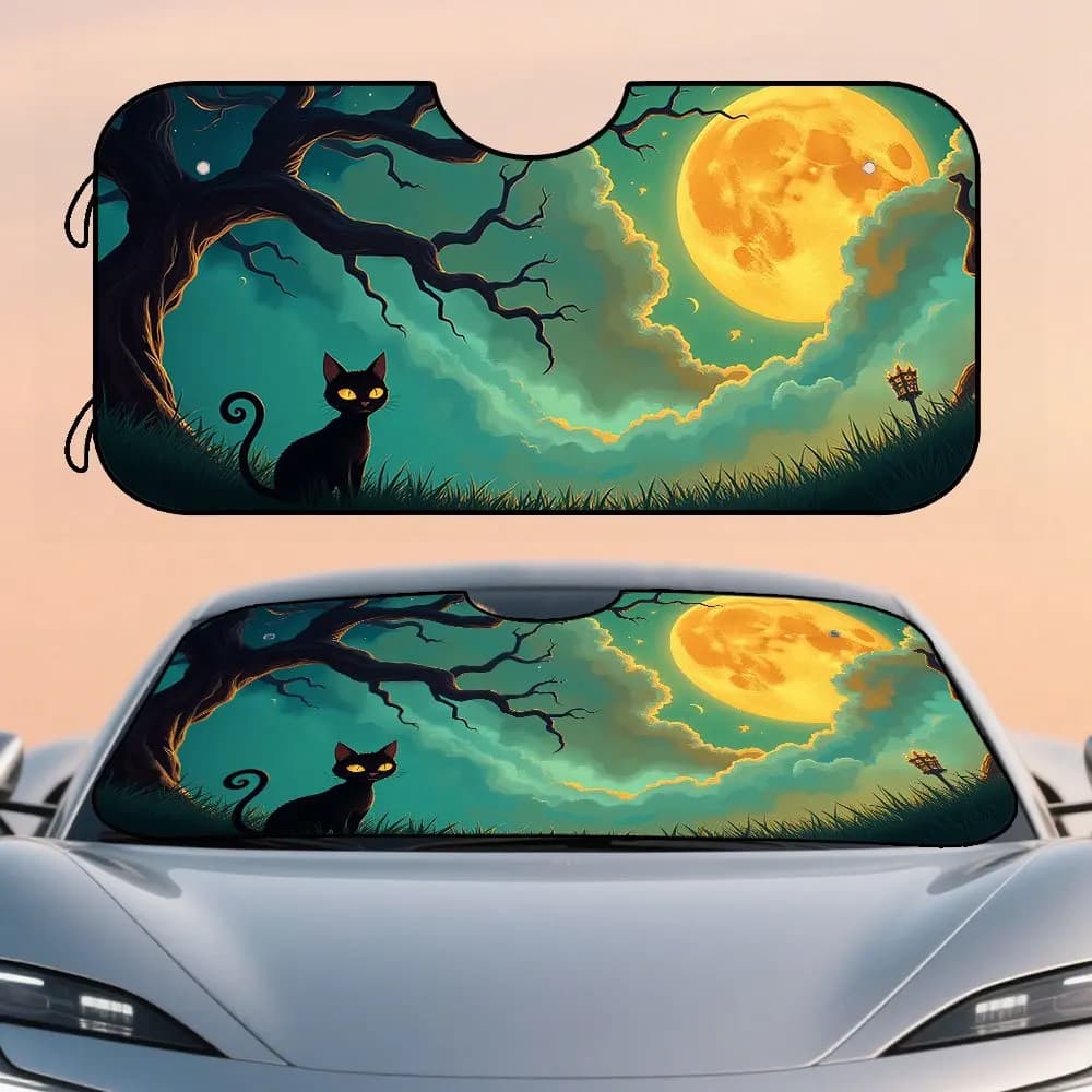 1pc Halloween Cat Moon Tree Bats Sunshade - Foldable Car Windshield Cover For SUV, Sedan, And Truck, Polyester Fiber, Moonlit Ni