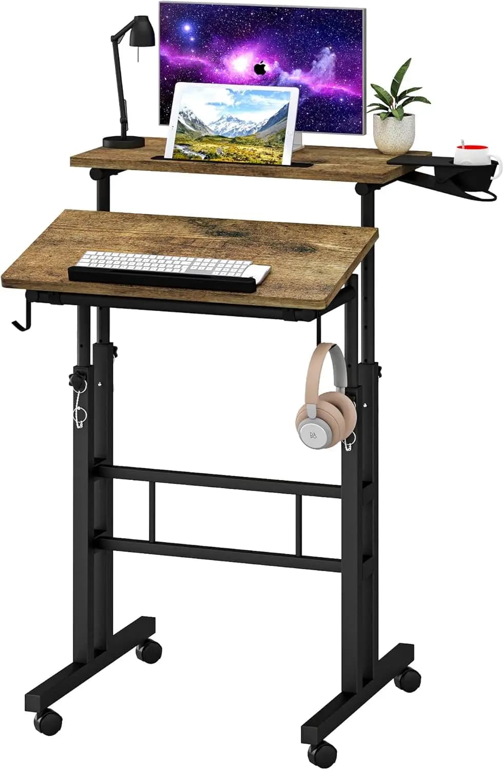 Scrivania portatile per laptop con altezza regolabile e portabicchieri, scrivania mobile per ufficio domestico, finitura in rovere