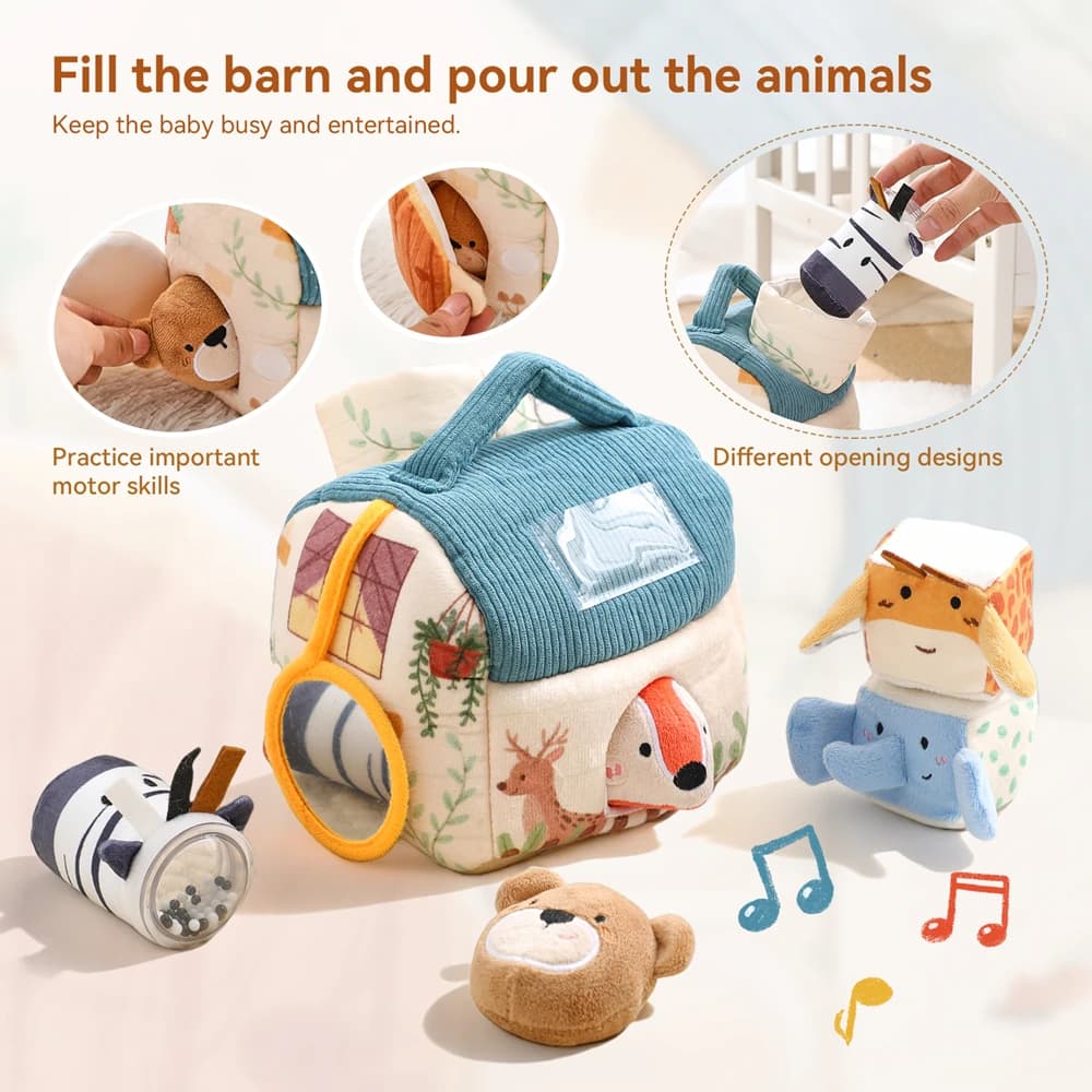 Giocattolo Montessori per bambini Fienile di peluche con animali da fattoria Giocattoli sensoriali touch musicali Giocattolo cognitivo portatile per bambini in fattoria per neonati