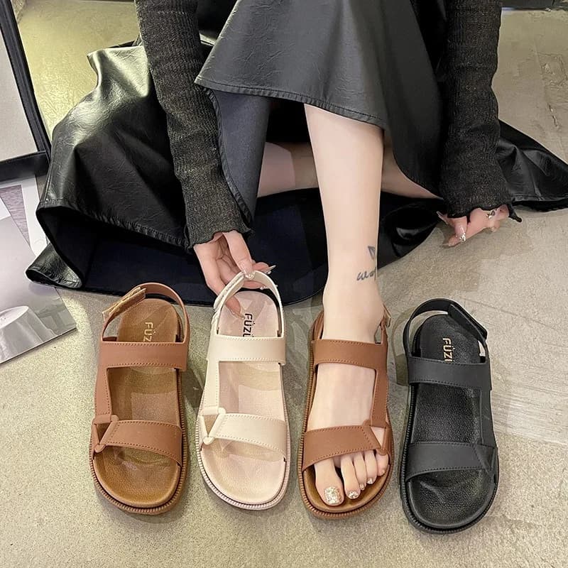 Summer New Women's Sandals - Solid Color, Single Strap, Open Toe, Velcro Closure, Flat Sandals - Perfect for Beach and Pool