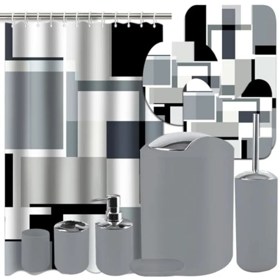 Set da Bagno Grigio e Nero, Set Decorativo da Bagno Geometrico Grigio e Nero da 22 Pezzi con Tenda Doccia e Tappeti, Cestino, Porta Carta Igienica