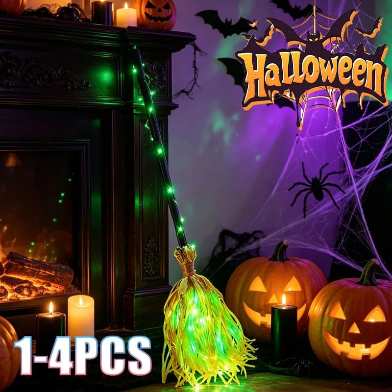 1-4PCS Halloween Witch Broom Glowing Light Up Scary Sound Effects Spooky Magic Props for Party Haunted House Cosplay Gift