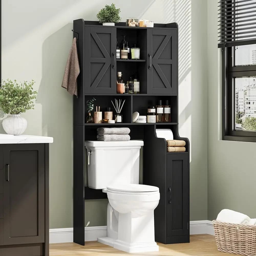 Mobiletto Salvaspazio per Bagno con Porta Scorrevole e Portarotolo per Bagno e Lavanderia (Nero)