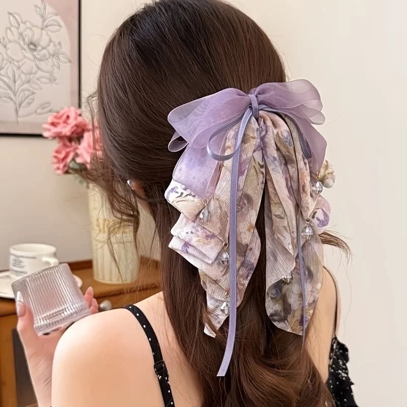 Gentle purple floral multi-layer large bow hairpin girl, light yarn streamer, water drop pendant, spring clip, French retro fairy back head grab clip hair accessories