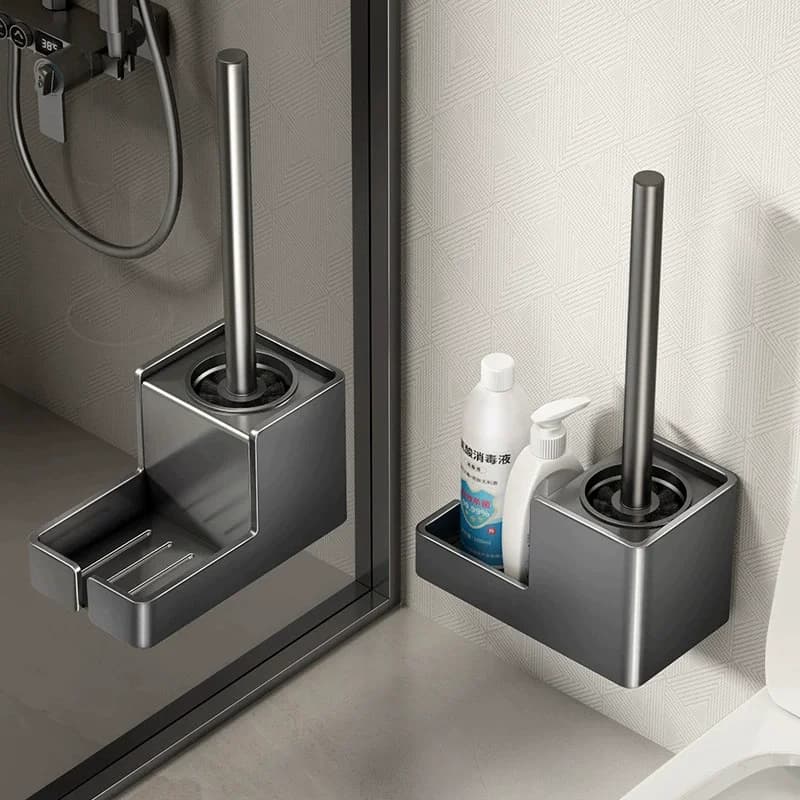 Tuqiu Porta scopino nero con spazzola Set porta scopino per pulizia WC da bagno in alluminio grigio bianco