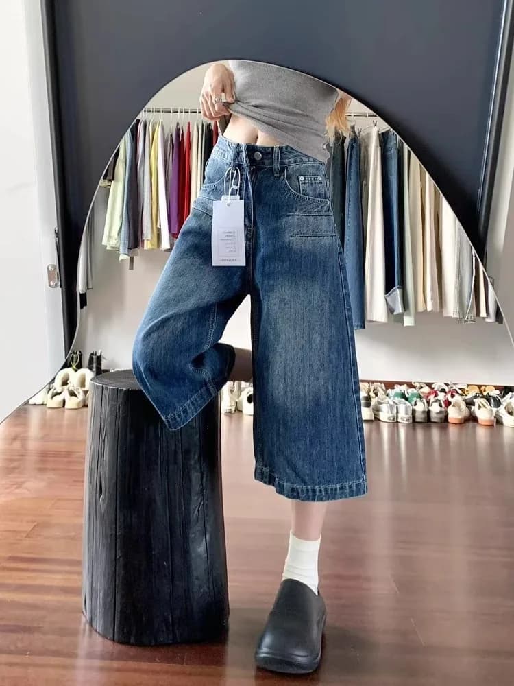 American Retro Style High Waist Denim Shorts Women Summer New Design Straight Leg Seven-Foot Pants Casual Wide Leg Jeans
