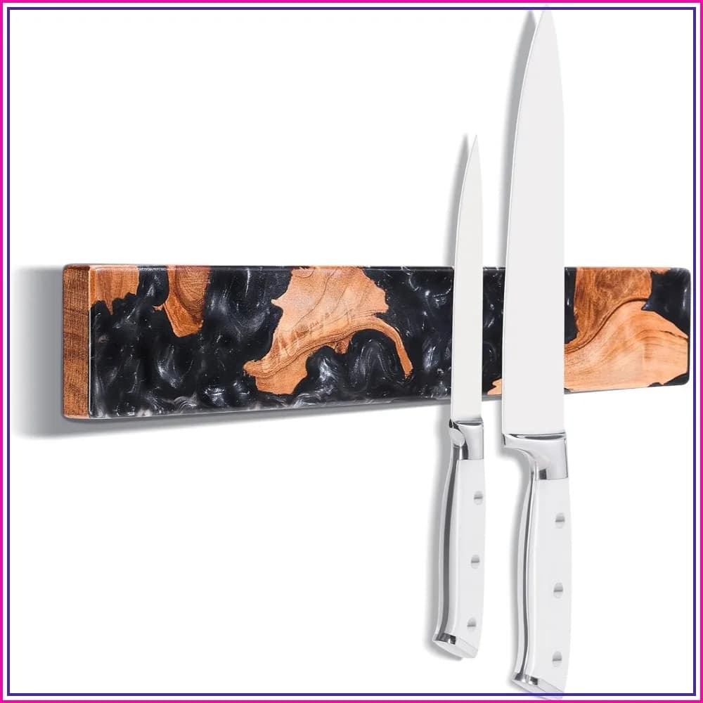 16 Inch Magnetic Knife Holder for Wall, Acacia Wood & Black Resin Strip, Powerful Magnet Kitchen Storage, Space-Saving Wall Mounted Organizer
