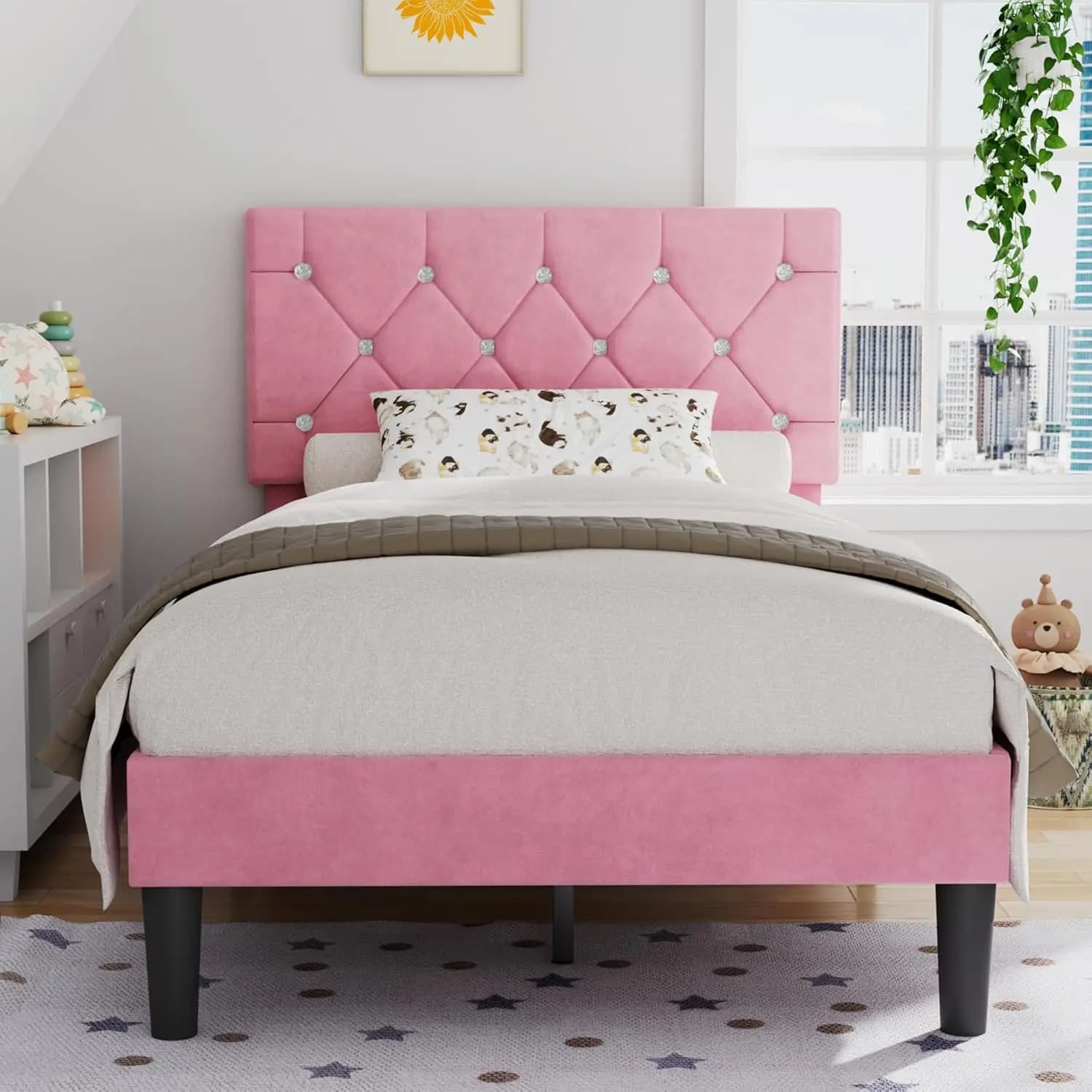 Letto con Piattaforma Completamente Imbottita, Testiera Trapuntata a Diamante, Supporto a Doghe in Legno, Nessuna Base a Molle Necessaria, Rosa Malva Personalizzabile