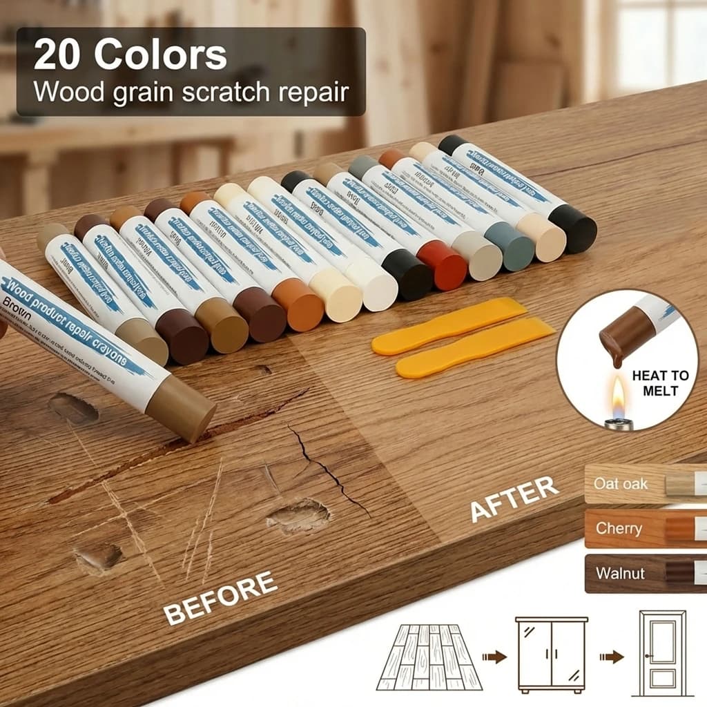 Kit di Riparazione per Pavimenti in Legno da 22 Pezzi, Set di Blocchi di Cera con Raschietto, Strumenti per Riparare Mobili in Materiale Composito per Riparare Graffi e Fori