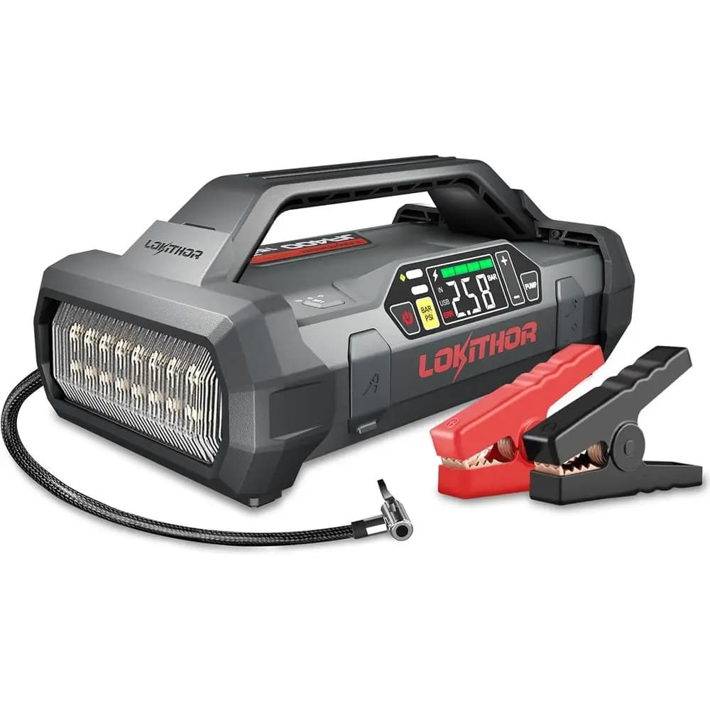 Avviatore di Emergenza al Litio 12V con Compressore d'Aria, Caricabatterie 60W, Gonfiatore Digitale per Pneumatici di Auto a Benzina ed Elettriche