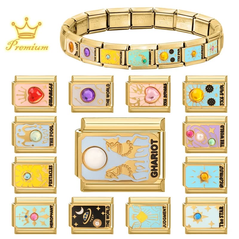 Nuove Carte dei Tarocchi Dorate Originali con Zirconi, Bracciale Charm Italiano Fai-da-Te in Acciaio Inox, Gioielli da Donna, Regali Fai-da-Te, Dropshipping