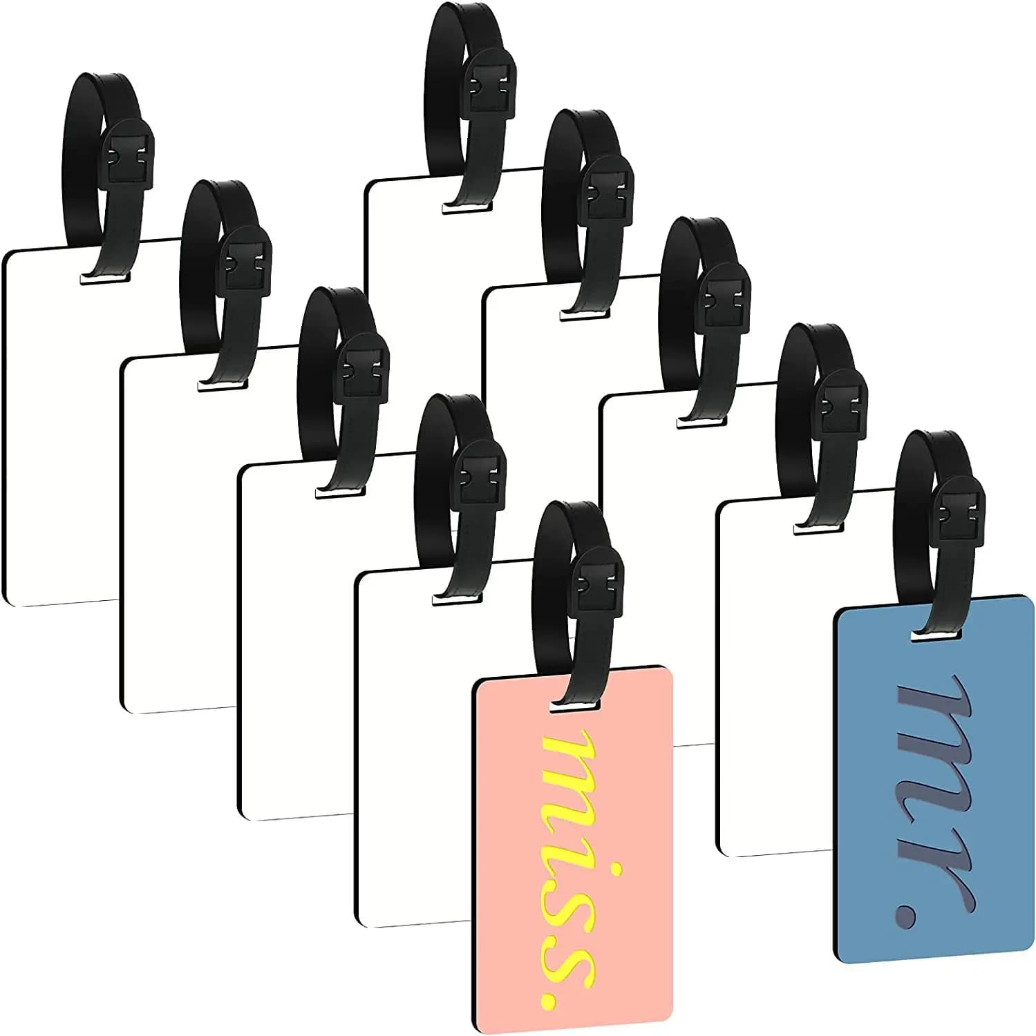 Etichette per bagagli vuote a sublimazione da 12/24 pezzi etichette per bagagli da viaggio vuote bianche con etichetta per valigia in MDF a doppia faccia con cinturino