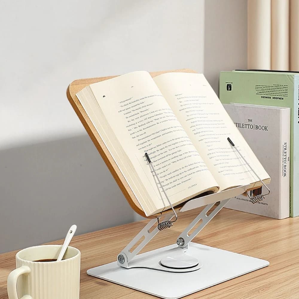 Supporto per lettura in legno massello pieghevole con fermi elastici per pagine, regolabile a 360° ° Supporto per Laptop Girevole e Regolabile, Rialzo da Scrivania