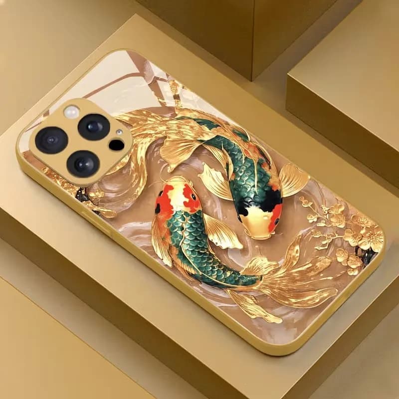 Golden Koi Wealth-Attracting Tempered Glass Phone Case For iPhone 17 16 11 15 12 13 14 Pro Max Case 17 Air iPhone11 16e Cover