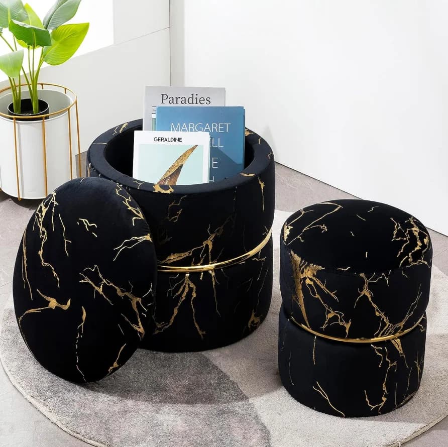 Pack Of 2 Black Round Bronzing Storage Ottoman Modern Velvet holstered Ottoman Stool Luxurious Poufs Sofa Footrest For Living