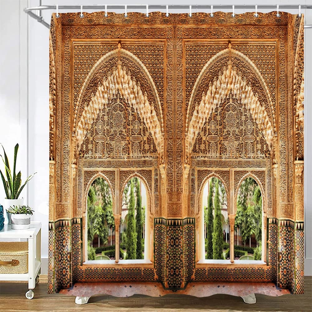 Tenda da doccia impermeabile per bagno in poliestere 3D in stile nordico marocchino con stampa di paesaggi ad arco Tenda decorativa per la casa con gancio