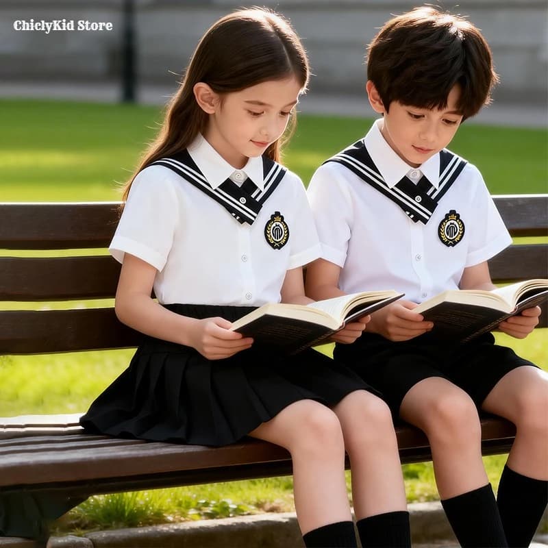 Girls Navycore ‌ Set Estivo per Bambini: Camicia a Maniche Corte, Gonna, Pantaloncini, Uniforme Scolastica per Asilo e Scuola