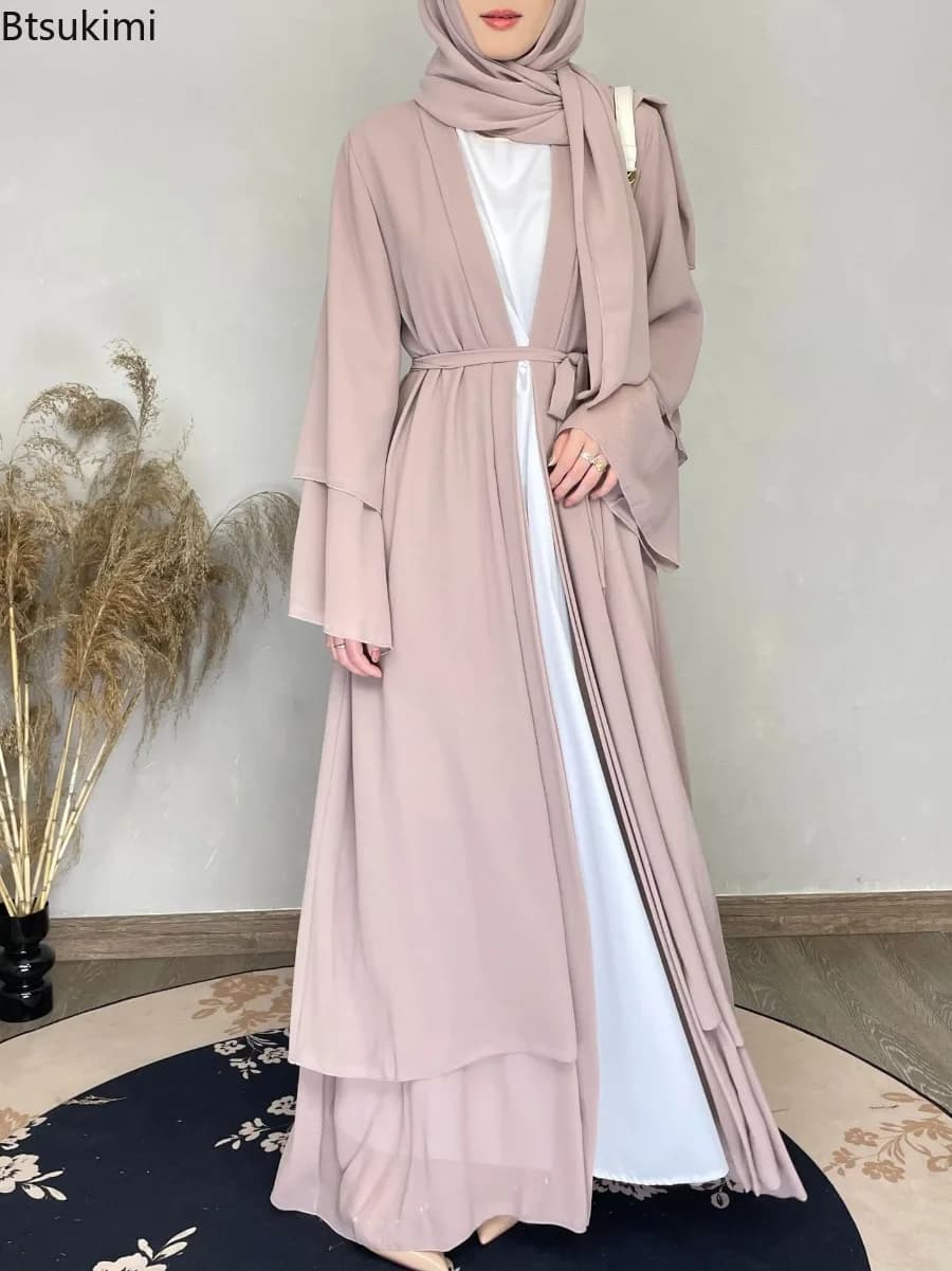 New Chiffon Open Abaya Dubai Turkey Caftano Cardigan Muslim Abaya Simple Dress for Women Casual Solid Dress Caftano Islam Clothing