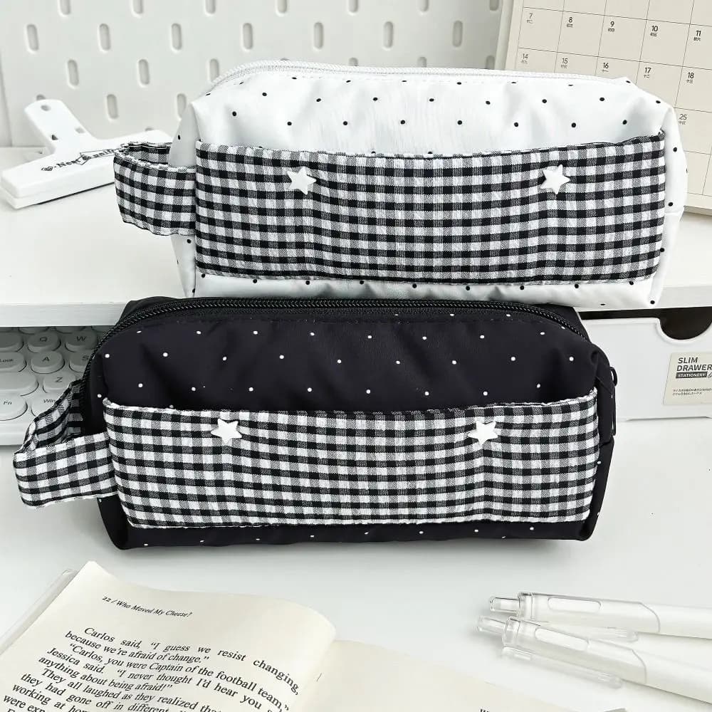 Multi-functional Striped Polka Dot Pen Bag Handheld Large Capacity Pencil Case Pen Box School Supplies