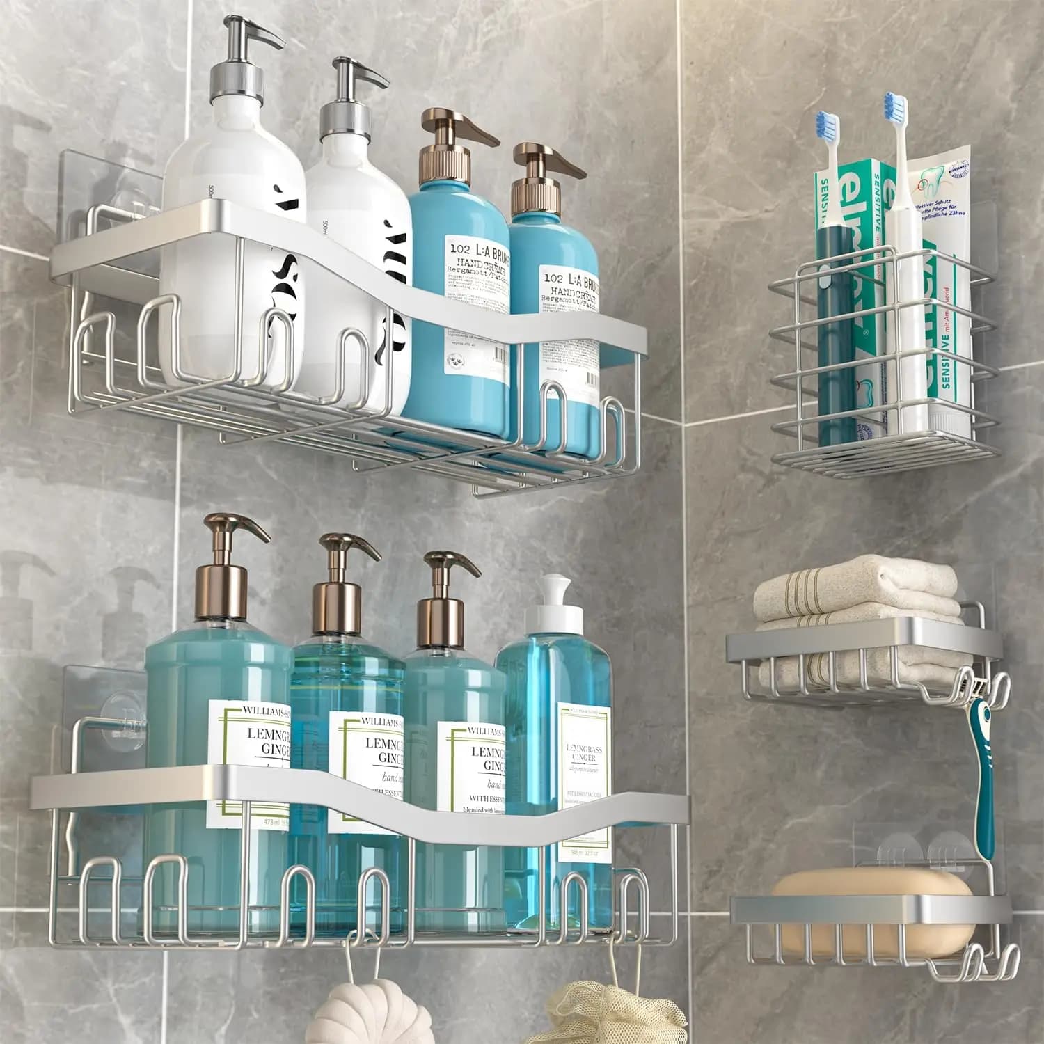 Set di 5 Portaoggetti per Doccia Senza Foratura, Organizzatore da Bagno Antiruggine con Portasapone e Portaspazzolino per l'Organizzazione del Bagno, Argento
