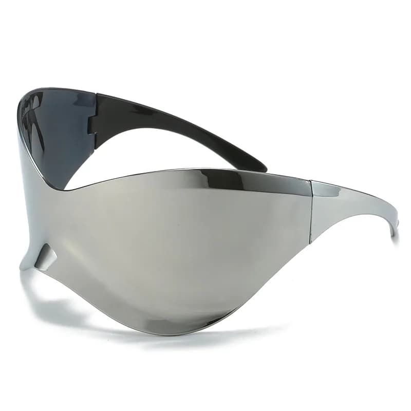 Occhiali da sole Y2K da donna, moda, argento, oversize, con segni per il viso, occhiali da sole personali riflettenti per viaggi in bicicletta