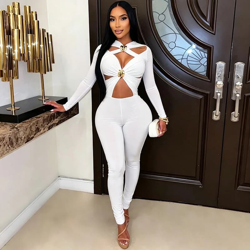 Sexy Hollow Out Bandage Jumpsuits Woman Long Sleeve Skinny Stretchy Party Club Midnight One Piece Romper Birthday Outfits Mono