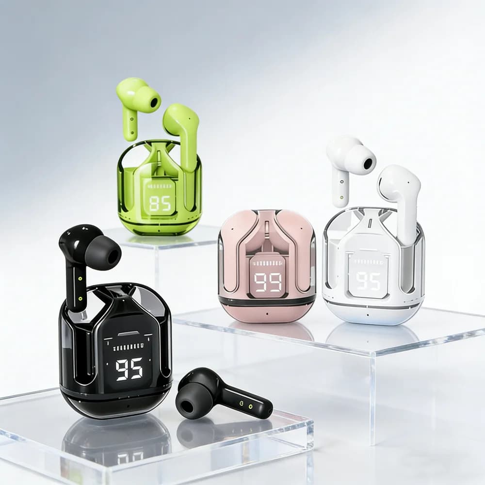 Auricolari Bluetooth 5.3 Wireless, Tipo-C, Trasparenti, HIFI, con Display Digitale LED della Batteria, Audio Stereo